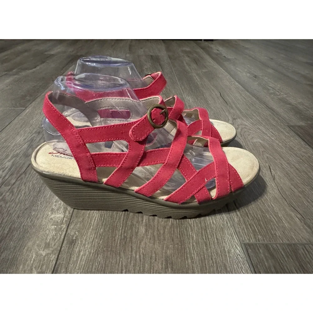 Skechers Red Suede Leather Criss‎ Cross Ankle Strap Wedge Sandals US Size 10